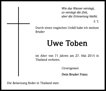 Anzeige von Uwe Toben von Kölner Stadt-Anzeiger / Kölnische Rundschau / Express