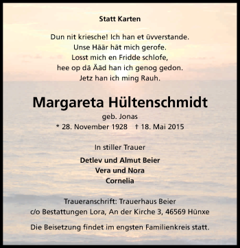 Anzeige von Margareta Hültenschmidt von Kölner Stadt-Anzeiger / Kölnische Rundschau / Express
