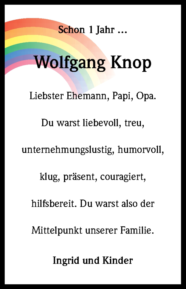  Traueranzeige für Wolfgang Knop vom 06.06.2015 aus Kölner Stadt-Anzeiger / Kölnische Rundschau / Express