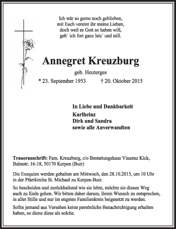 Anzeige von Annegret Kreuzburg von  Sonntags-Post 