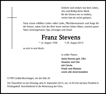 Anzeige von Franz Stevens von Kölner Stadt-Anzeiger / Kölnische Rundschau / Express