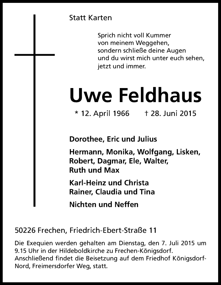  Traueranzeige für Uwe Feldhaus vom 03.07.2015 aus Kölner Stadt-Anzeiger / Kölnische Rundschau / Express