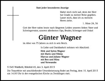 Anzeige von Günter Wagner von Kölner Stadt-Anzeiger / Kölnische Rundschau / Express