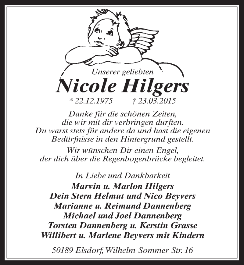  Traueranzeige für Nicole Hilgers vom 01.04.2015 aus  Werbepost 