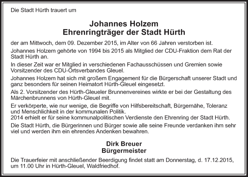 Traueranzeige für Johannes Holzem vom 12.12.2015 aus  Sonntags-Post 