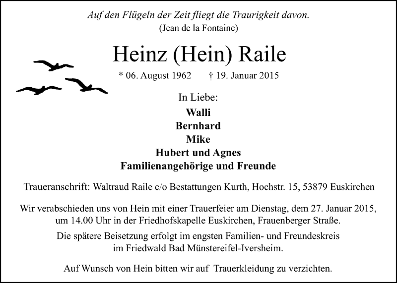  Traueranzeige für Heinz  Raile vom 25.01.2015 aus  Blickpunkt Euskirchen 