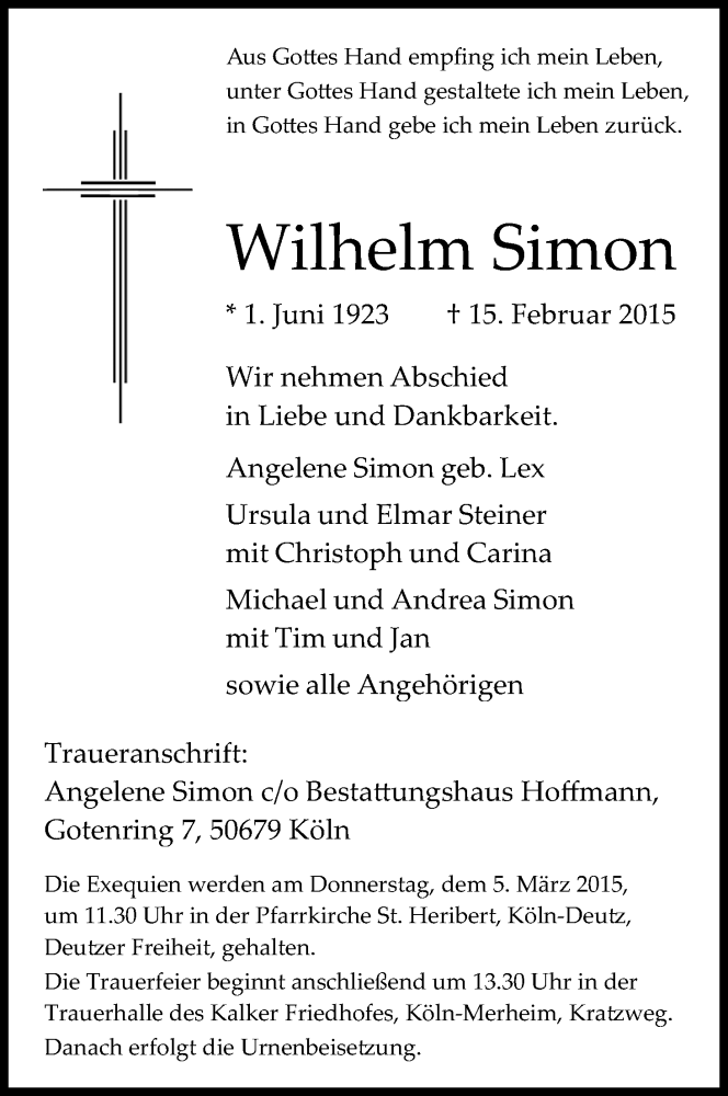  Traueranzeige für Wilhelm Simon vom 28.02.2015 aus Kölner Stadt-Anzeiger / Kölnische Rundschau / Express