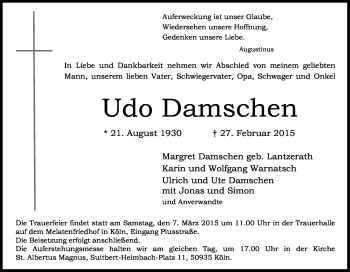 Anzeige von Udo Damschen von Kölner Stadt-Anzeiger / Kölnische Rundschau / Express