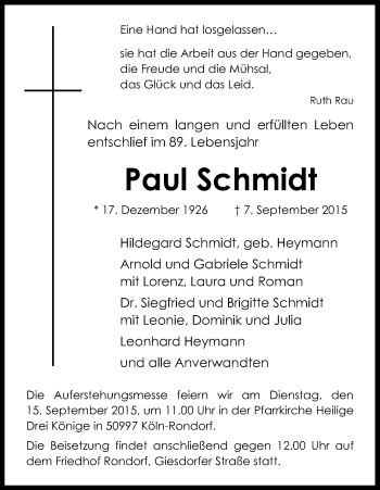 Anzeige von Paul Schmidt von Kölner Stadt-Anzeiger / Kölnische Rundschau / Express