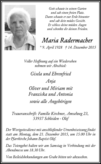 Anzeige von Maria Radermacher von Kölner Stadt-Anzeiger / Kölnische Rundschau / Express