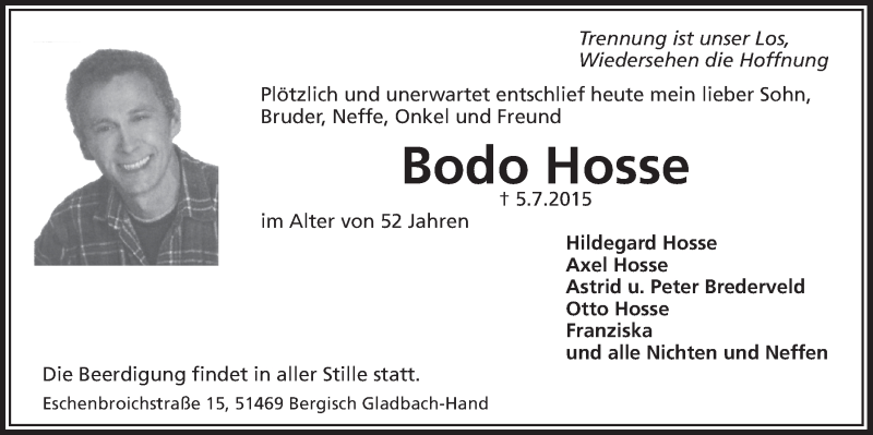  Traueranzeige für Bodo Hosse vom 22.07.2015 aus  Bergisches Handelsblatt 
