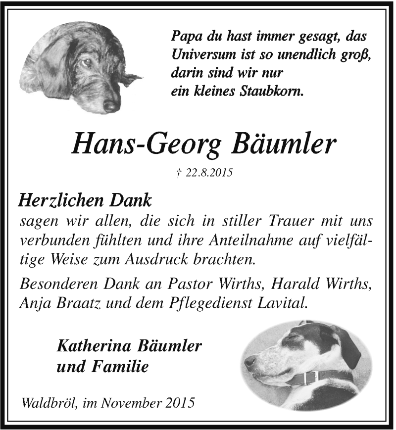  Traueranzeige für Hans-Georg Bäumler vom 11.11.2015 aus  Lokalanzeiger 