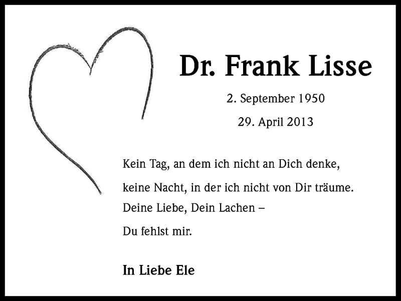  Traueranzeige für Frank Lisse vom 29.04.2015 aus Kölner Stadt-Anzeiger / Kölnische Rundschau / Express