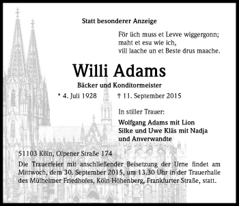 Anzeige von Willi Adams von Kölner Stadt-Anzeiger / Kölnische Rundschau / Express