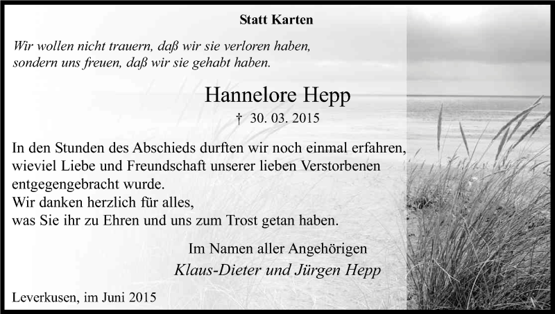  Traueranzeige für Hannelore Hepp vom 13.06.2015 aus Kölner Stadt-Anzeiger / Kölnische Rundschau / Express