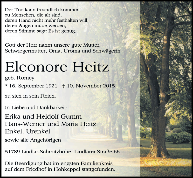  Traueranzeige für Eleonore Heitz vom 21.11.2015 aus Kölner Stadt-Anzeiger / Kölnische Rundschau / Express