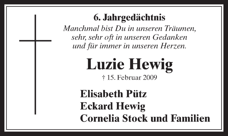  Traueranzeige für Luzie Hewig vom 11.02.2015 aus  Werbepost 
