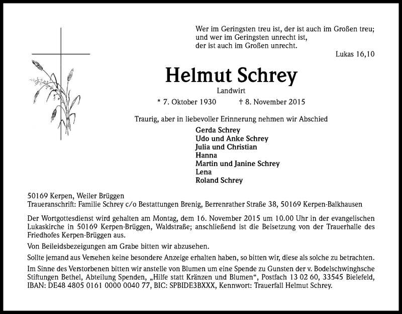  Traueranzeige für Helmut Schrey vom 11.11.2015 aus Kölner Stadt-Anzeiger / Kölnische Rundschau / Express