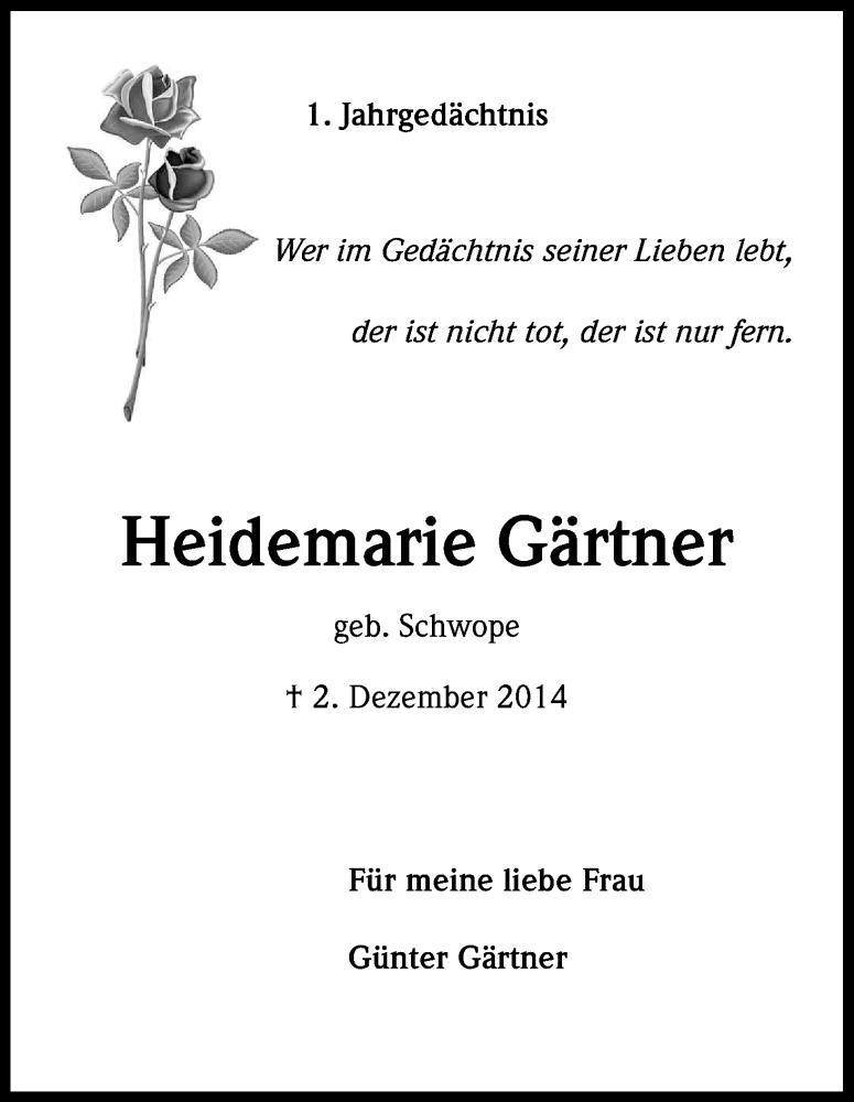  Traueranzeige für Heidemarie Gärtner vom 02.12.2015 aus Kölner Stadt-Anzeiger / Kölnische Rundschau / Express