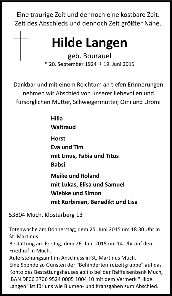  Traueranzeige für Hilde Langen vom 23.06.2015 aus Kölner Stadt-Anzeiger / Kölnische Rundschau / Express