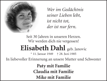 Anzeige von Elisabeth Dahl von  Bergisches Handelsblatt 