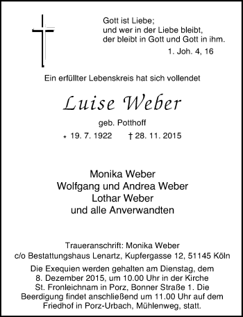Anzeige von Luise Weber von  Kölner Wochenspiegel 