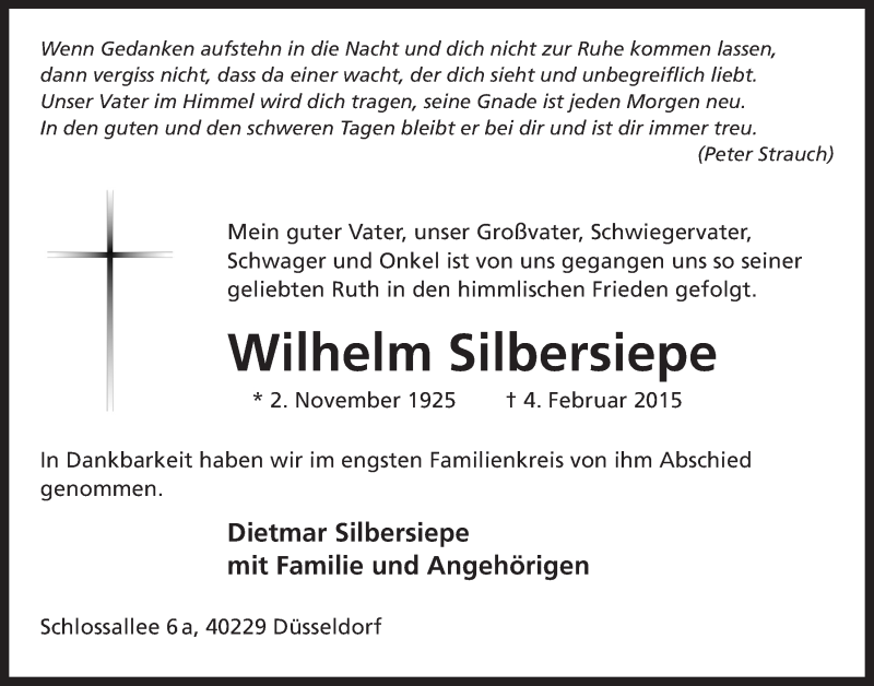  Traueranzeige für Wilhelm Silbersiepe vom 25.02.2015 aus  Lokalanzeiger 