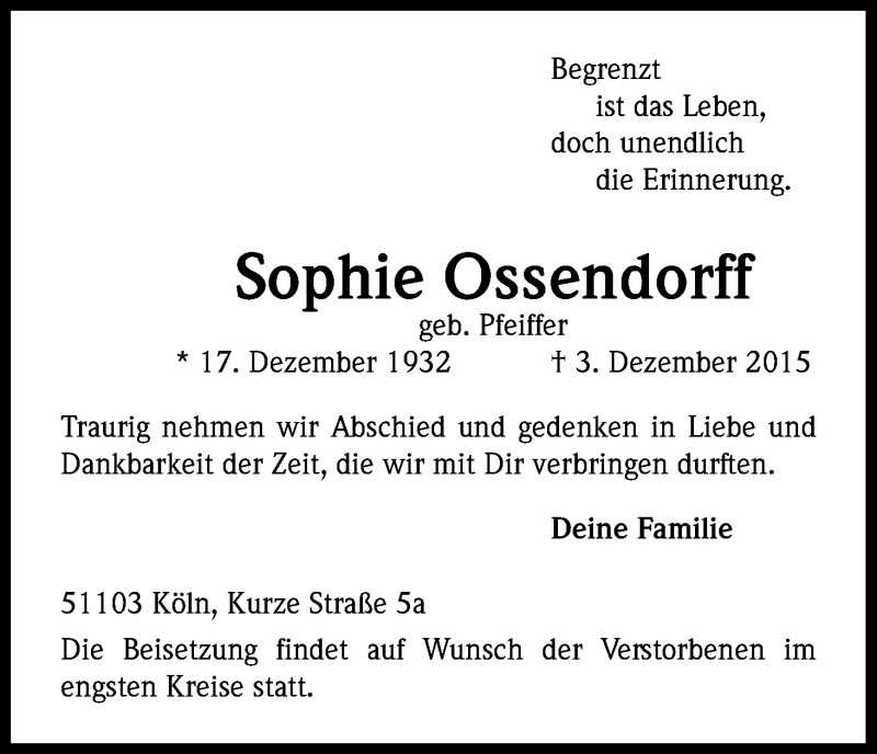  Traueranzeige für Sophie Ossendorf vom 12.12.2015 aus Kölner Stadt-Anzeiger / Kölnische Rundschau / Express