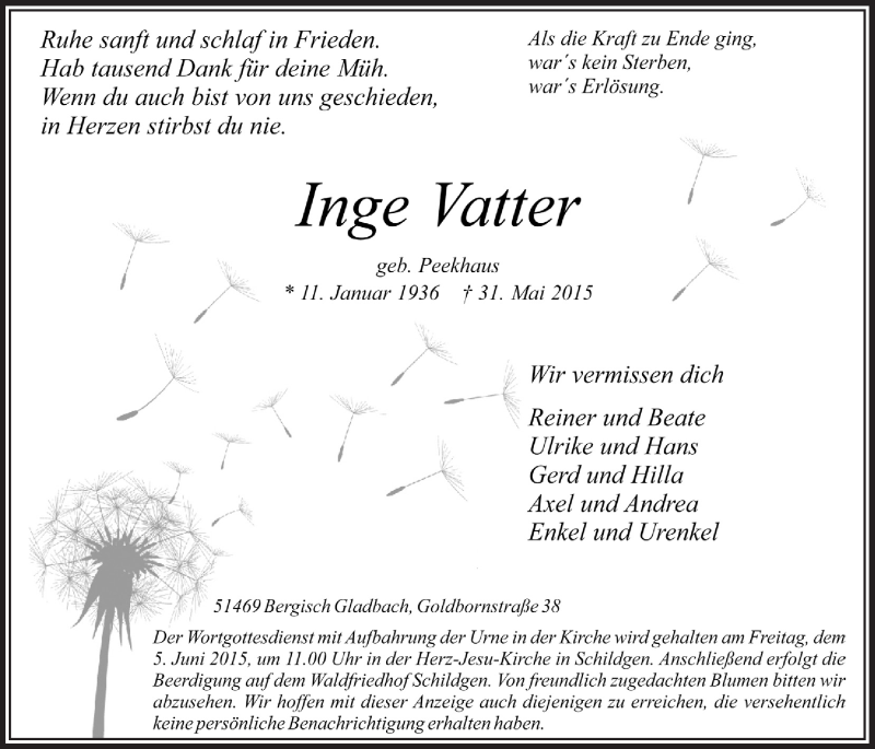  Traueranzeige für Inge Vatter vom 03.06.2015 aus  Bergisches Handelsblatt 