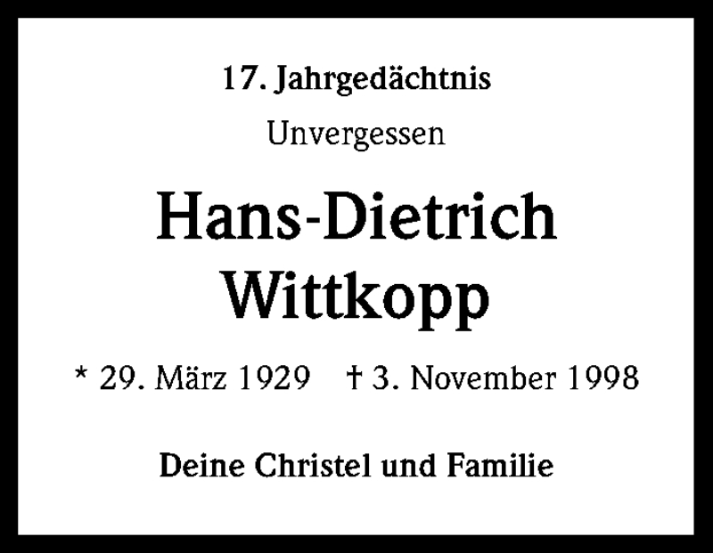  Traueranzeige für Hans-Dietrich Wittkopp vom 03.11.2015 aus Kölner Stadt-Anzeiger / Kölnische Rundschau / Express
