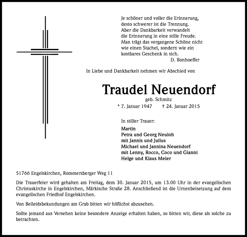  Traueranzeige für Traudel Neuendorf vom 27.01.2015 aus Kölner Stadt-Anzeiger / Kölnische Rundschau / Express