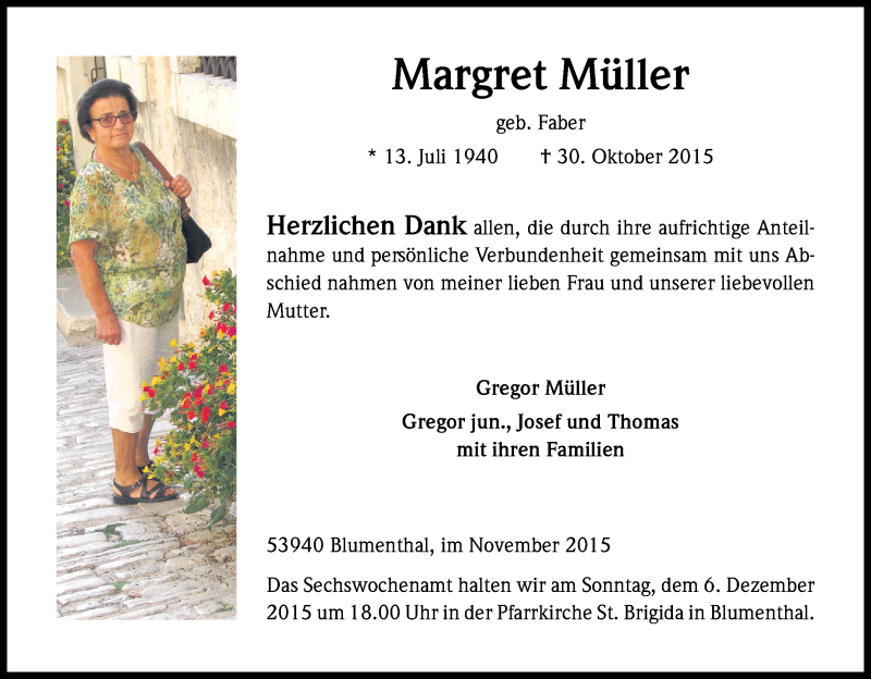  Traueranzeige für Margret Müller vom 28.11.2015 aus Kölner Stadt-Anzeiger / Kölnische Rundschau / Express