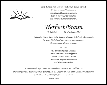 Anzeige von Herbert Braun von Kölner Stadt-Anzeiger / Kölnische Rundschau / Express