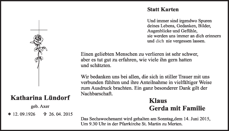  Traueranzeige für Katharina Lündorf vom 10.06.2015 aus  Schlossbote/Werbekurier 