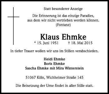 Anzeige von Klaus Ehmke von Kölner Stadt-Anzeiger / Kölnische Rundschau / Express