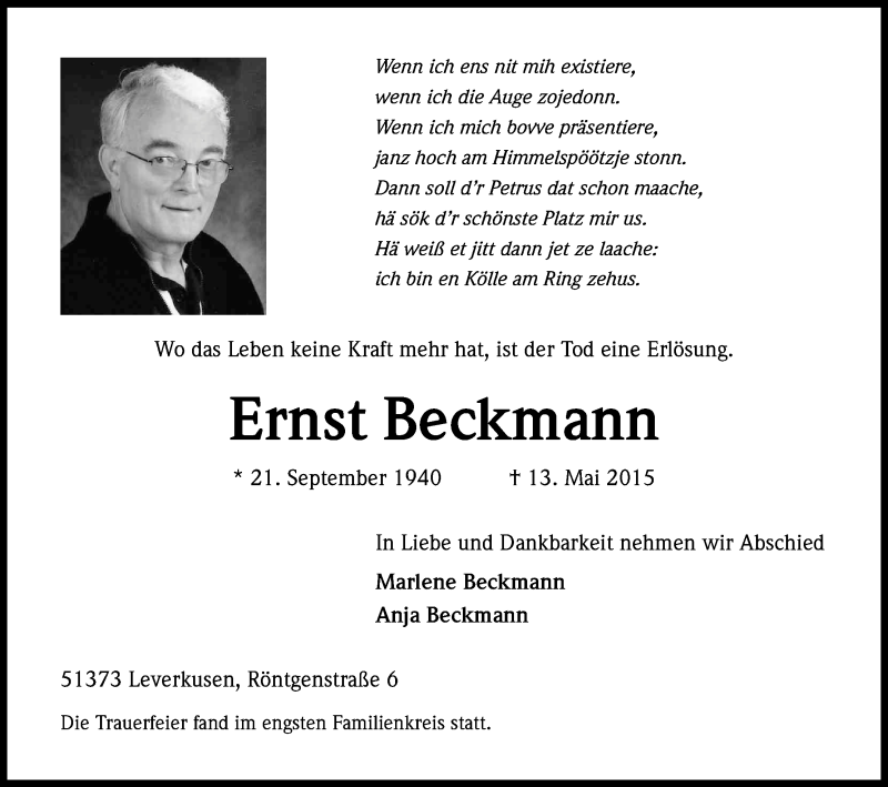  Traueranzeige für Ernst Beckmann vom 22.05.2015 aus Kölner Stadt-Anzeiger / Kölnische Rundschau / Express