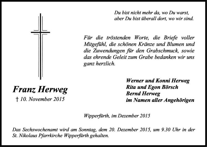  Traueranzeige für Franz Herweg vom 12.12.2015 aus Kölner Stadt-Anzeiger / Kölnische Rundschau / Express