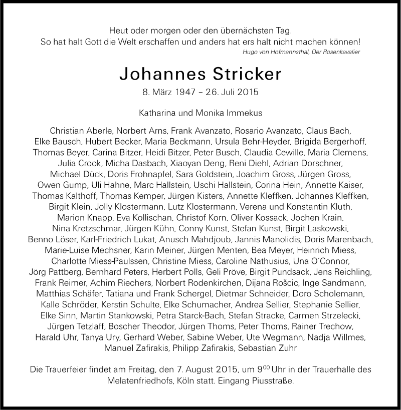  Traueranzeige für Johannes Stricker vom 05.08.2015 aus Kölner Stadt-Anzeiger / Kölnische Rundschau / Express