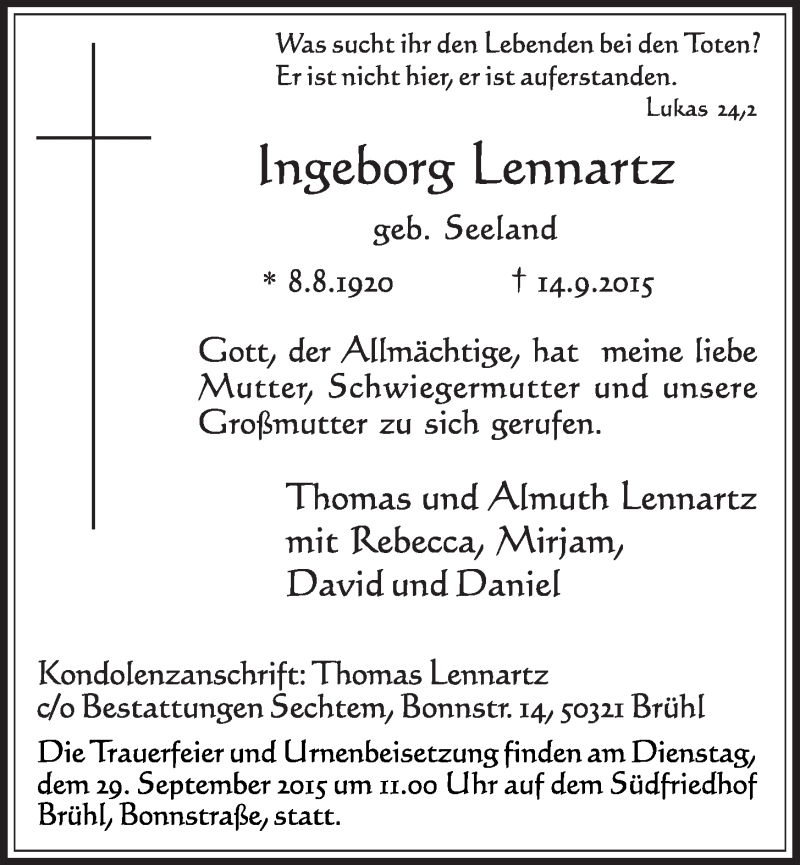  Traueranzeige für Ingeborg Lennartz vom 23.09.2015 aus  Schlossbote/Werbekurier 