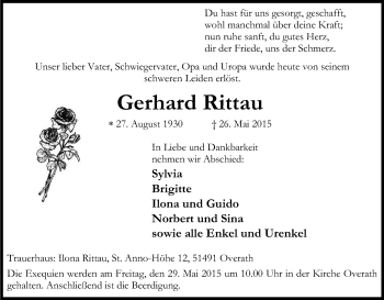 Anzeige von Gerhard Rittau von Kölner Stadt-Anzeiger / Kölnische Rundschau / Express