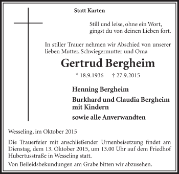 Anzeige von Gertrud Bergheim von  Schlossbote/Werbekurier 