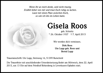 Anzeige von Gisela Roos von Kölner Stadt-Anzeiger / Kölnische Rundschau / Express