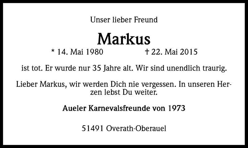  Traueranzeige für Markus Seidel vom 28.05.2015 aus Kölner Stadt-Anzeiger / Kölnische Rundschau / Express