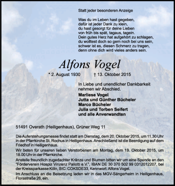 Anzeige von Alfons Vogel von Kölner Stadt-Anzeiger / Kölnische Rundschau / Express