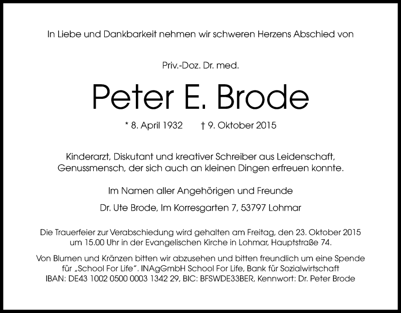  Traueranzeige für Peter E. Brode vom 17.10.2015 aus Kölner Stadt-Anzeiger / Kölnische Rundschau / Express