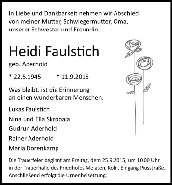 Anzeige von Heidi Faulstich von Kölner Stadt-Anzeiger / Kölnische Rundschau / Express