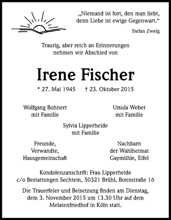 Anzeige von Irene Fischer von Kölner Stadt-Anzeiger / Kölnische Rundschau / Express