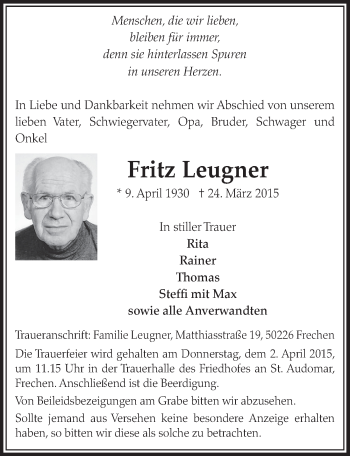 Anzeige von Fritz Leugner von  Sonntags-Post 