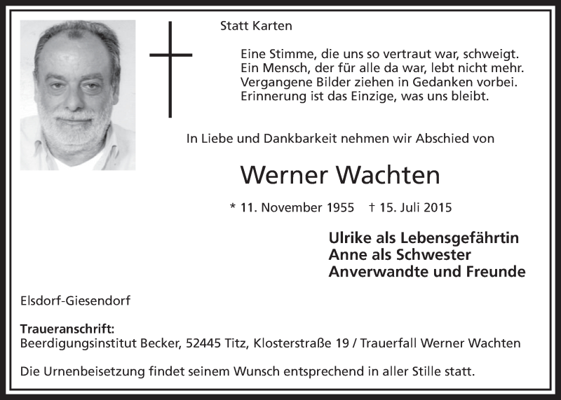  Traueranzeige für Werner Wachten vom 25.07.2015 aus  Sonntags-Post 
