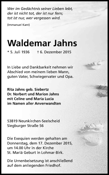 Anzeige von Waldemar Jahns von Kölner Stadt-Anzeiger / Kölnische Rundschau / Express